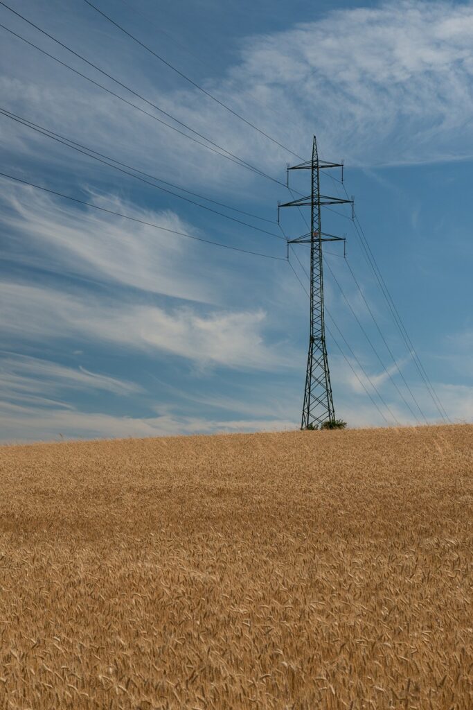mast, electric pole, wires, cables, the sky, barley, country