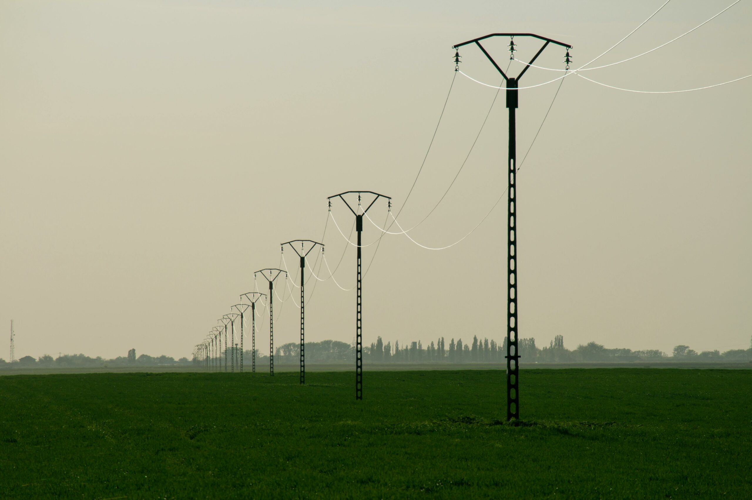 słupy elektryczne na łące, służebność przesyłu